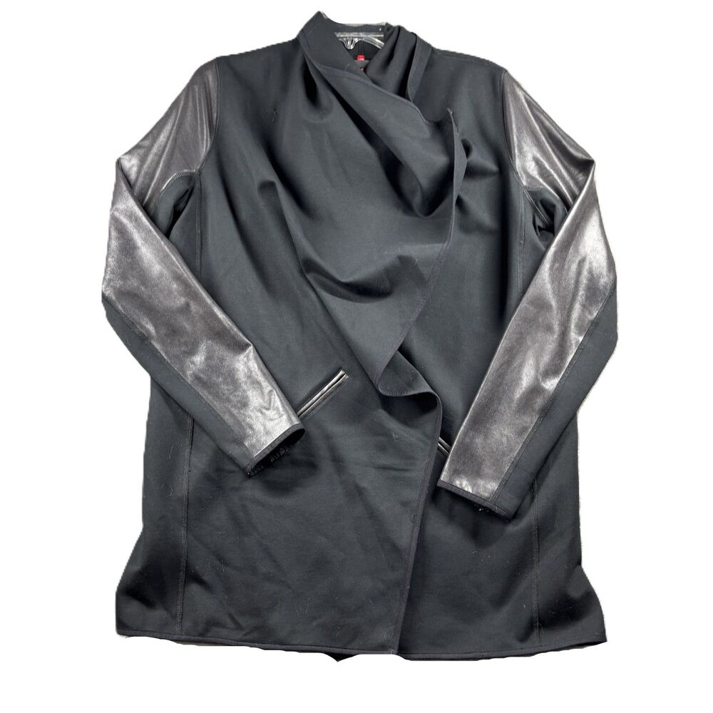 Spanx Women Jacket Drape Front Vegan Faux Leather Sleeves Black Size Large